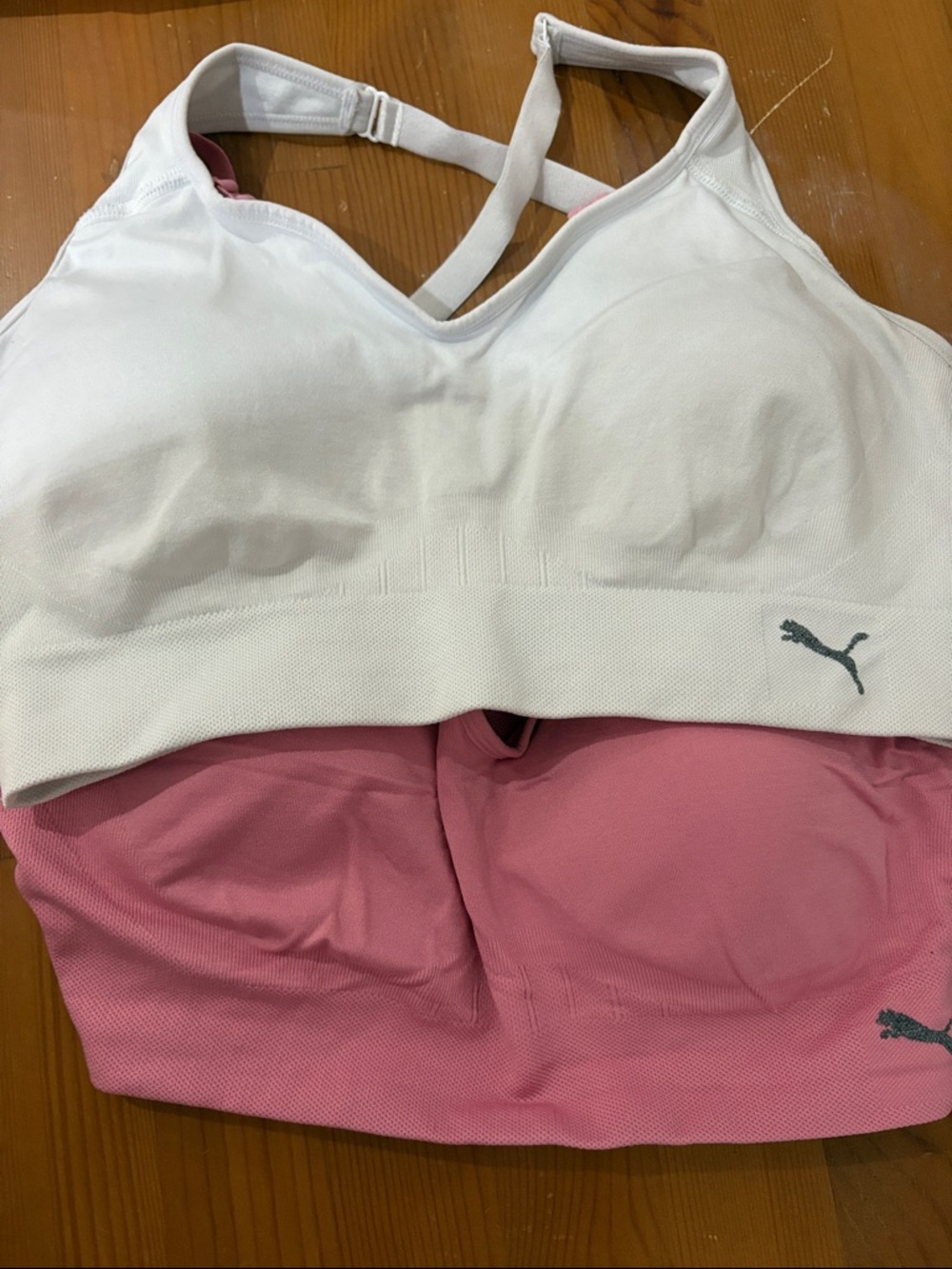 Puma Two-Tone Seamless Sports Bra in White and Dusty Rose